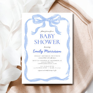 Blue Ribbon Watercolor Bow Boy Baby Shower Invitation
