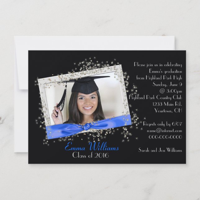 Blue Ribbon with Glitter Graduation Invitation (Front)