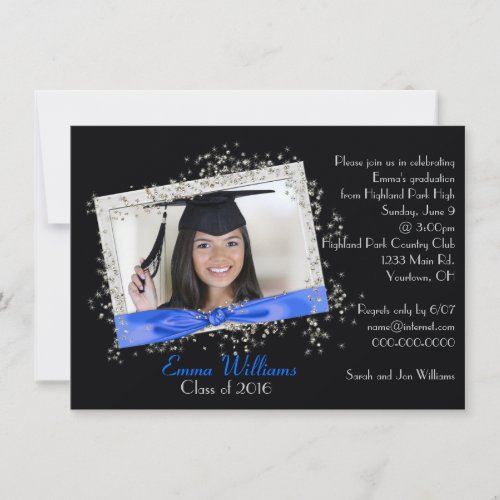 Blue Ribbon with Glitter Graduation Invitation