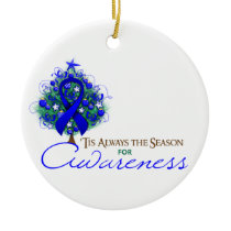 Blue Ribbon Xmas Awareness Season Ceramic Ornament