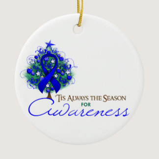 Blue Ribbon Xmas Awareness Season Ceramic Ornament