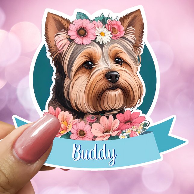 Blue Ribbon, Yorkshire & pink flowers custom Sticker (Creator Uploaded)