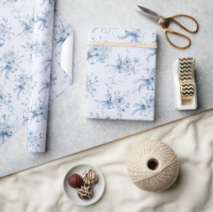 Blue Ribbons and Bows Toile Coquette Pattern  Wrapping Paper