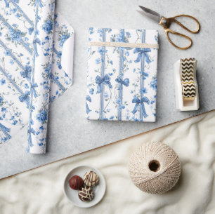 Blue Ribbons and Bows Toile Coquette Pattern  Wrapping Paper