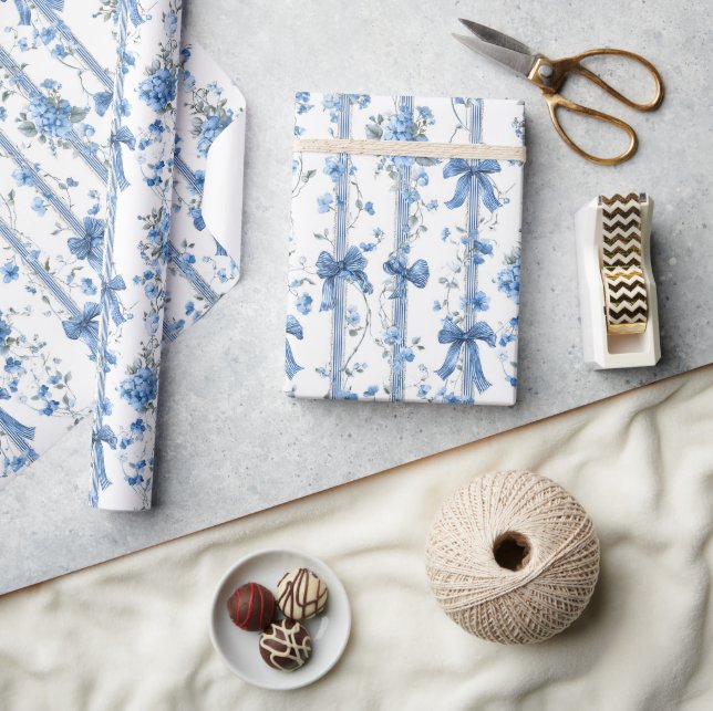 Blue Ribbons and Bows Toile Coquette Pattern  Wrapping Paper (Crafts)