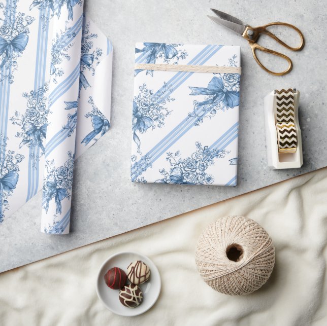 Blue Ribbons and Bows Toile Coquette Pattern  Wrapping Paper (Crafts)