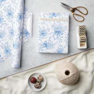 Blue Ribbons and Bows Toile Coquette Pattern  Wrapping Paper