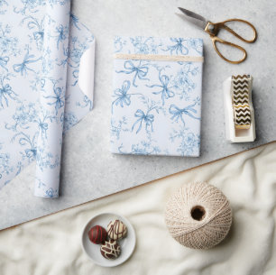 Blue Ribbons and Bows Toile Coquette Pattern  Wrapping Paper