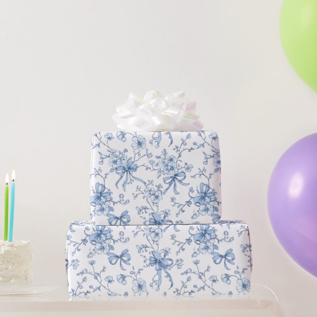 Blue Ribbons and Bows Toile Coquette Pattern  Wrapping Paper (Party Gifts)