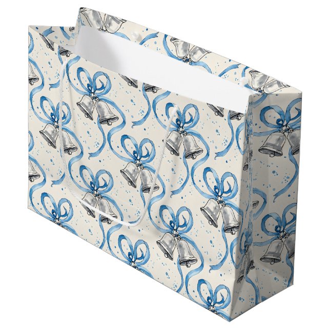 Blue Ribbons and Silver Bells Cream Large Gift Bag (Front Angled)