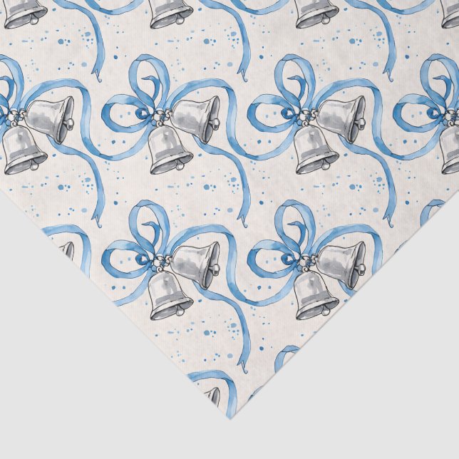Blue Ribbons and Silver Bells Cream Tissue Paper (Detail)