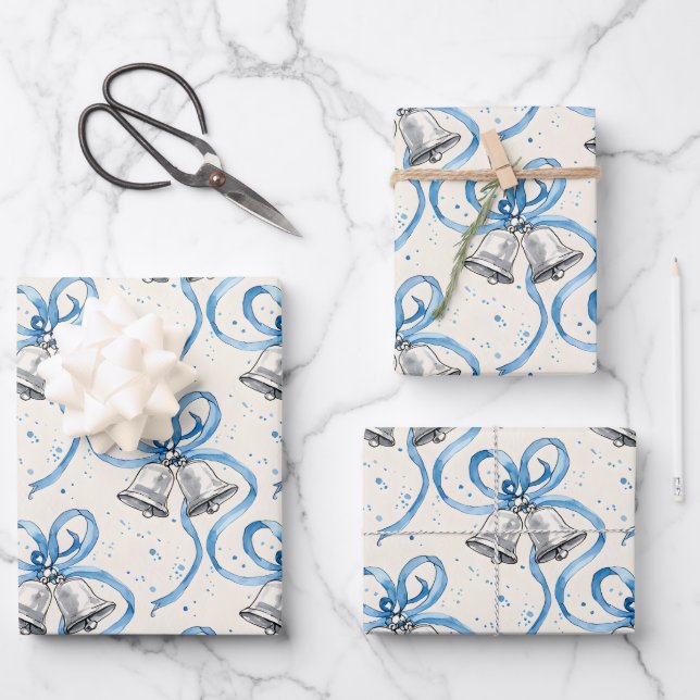 Blue Ribbons and Silver Bells Cream Wrapping Paper Sheets (Front)