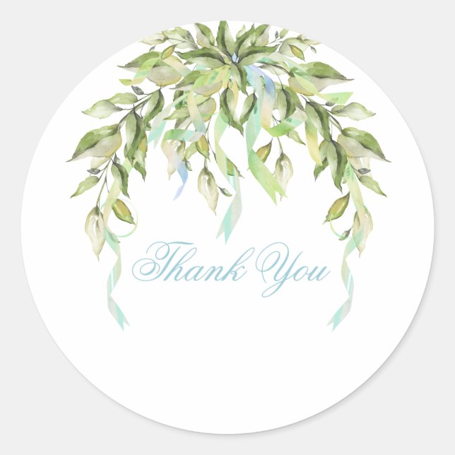 Blue Ribbons Floral Greenery Thank You  Classic Round Sticker (Front)