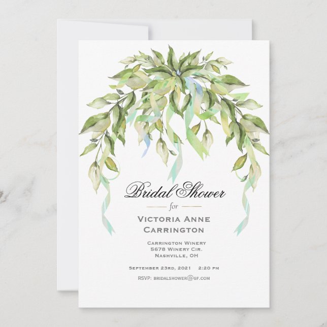 Blue Ribbons Greenery Elegant Bridal Shower  Invitation (Front)