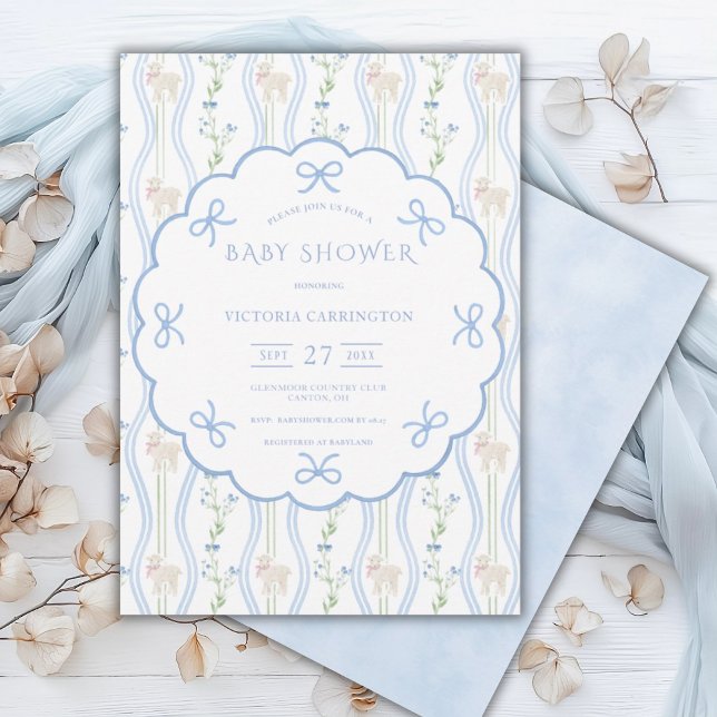 Blue Ribbons Lamb Vintage Baby Shower  Invitation (Creator Uploaded)