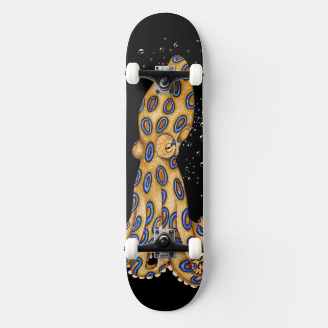 Blue Ring Octopus and the Bubbles Art Skateboard (Front)