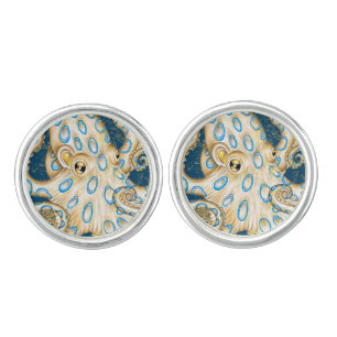 Blue Ring Octopus Indigo Vintage Map Nautical Cufflinks