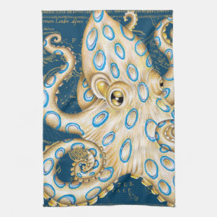 Blue Ring Octopus Indigo Vintage Map Nautical Kitchen Towel