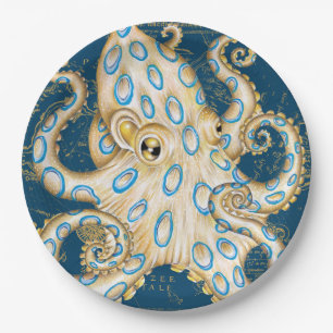 Blue Ring Octopus Indigo Vintage Map Nautical Paper Plates