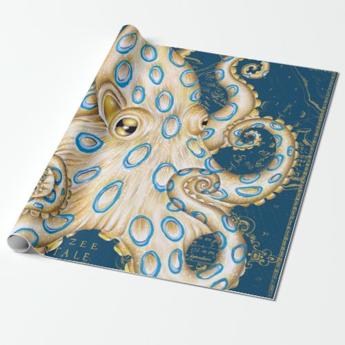 Blue Ring Octopus Indigo Vintage Map Nautical Wrapping Paper