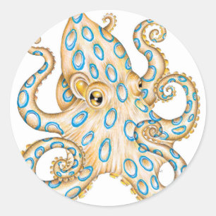 Blue ring Octopus on White Ink Classic Round Sticker