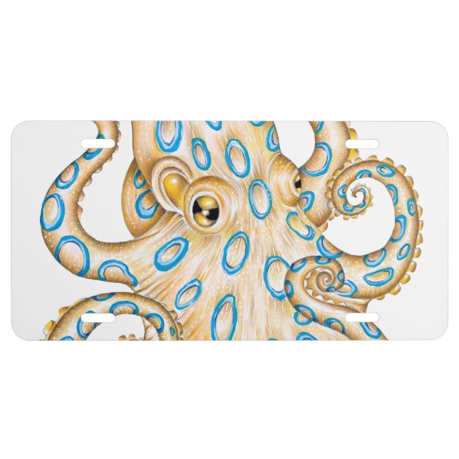 Blue ring Octopus on White Ink License Plate (Front)
