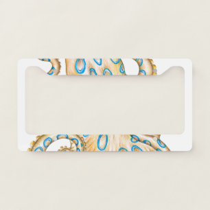 Blue ring Octopus on White Ink License Plate Frame