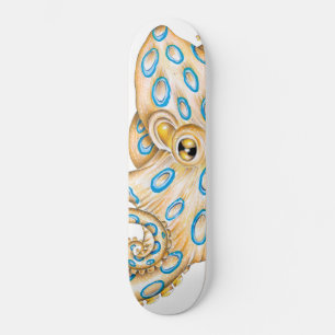 Blue ring Octopus on White Ink Skateboard