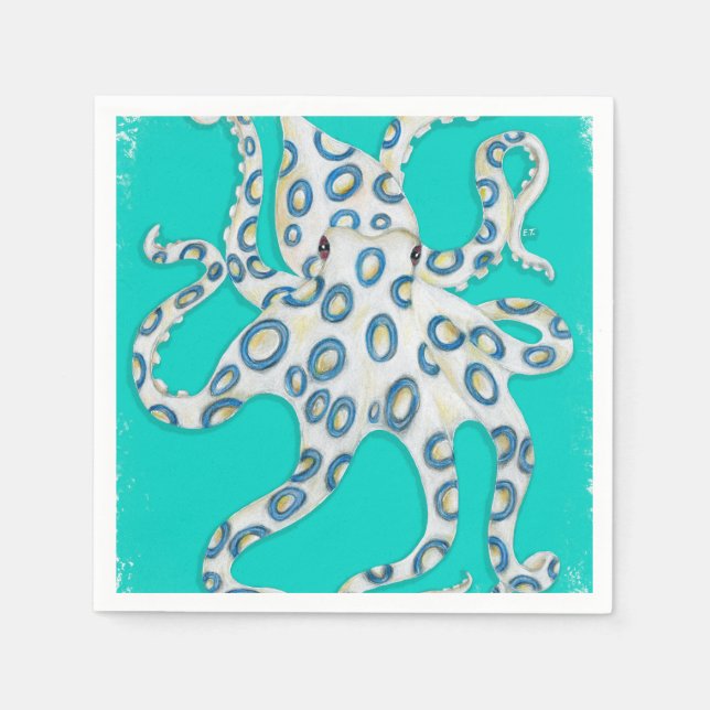 Blue Ring Octopus Teal Art Napkins (Front)