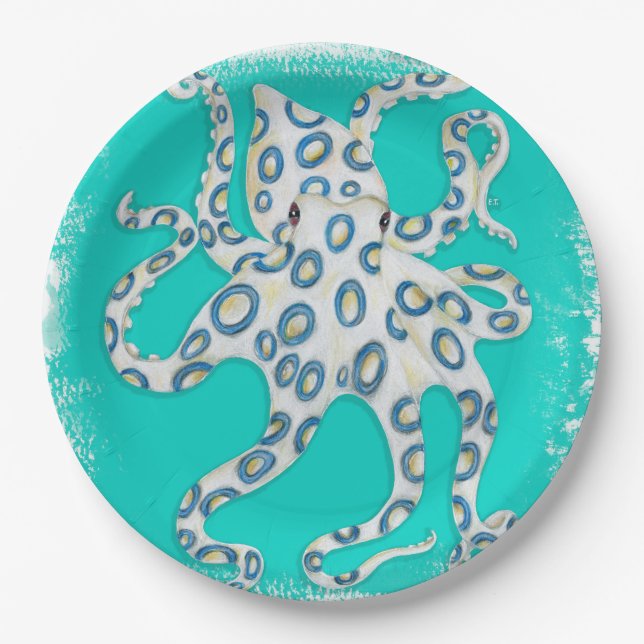 Blue Ring Octopus Teal Art Paper Plates (Front)