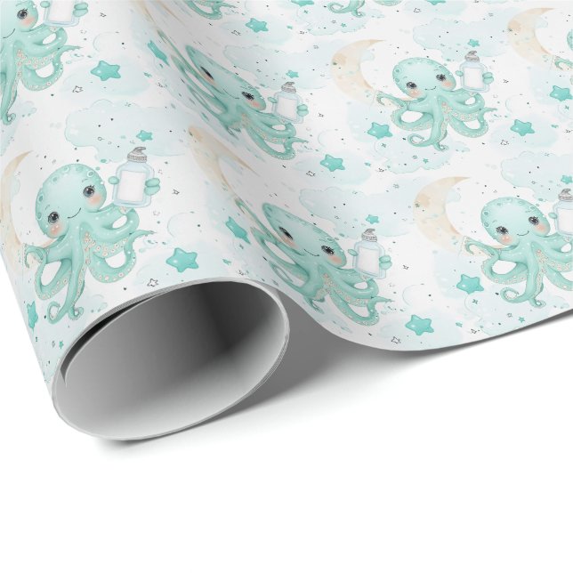 Blue-Ringed Octopus Baby Watercolor Pattern  Wrapping Paper (Roll Corner)