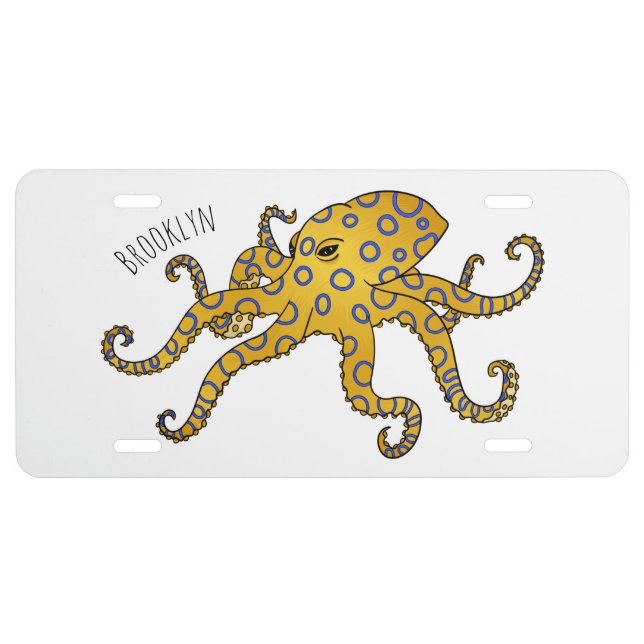 Blue-ringed octopus cartoon illustration license plate (Front)