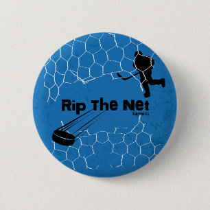 Blue Rip the Net Hockey Player Pinback flare Button