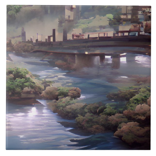 Blue river bridge digital art ceramic tile (Front)