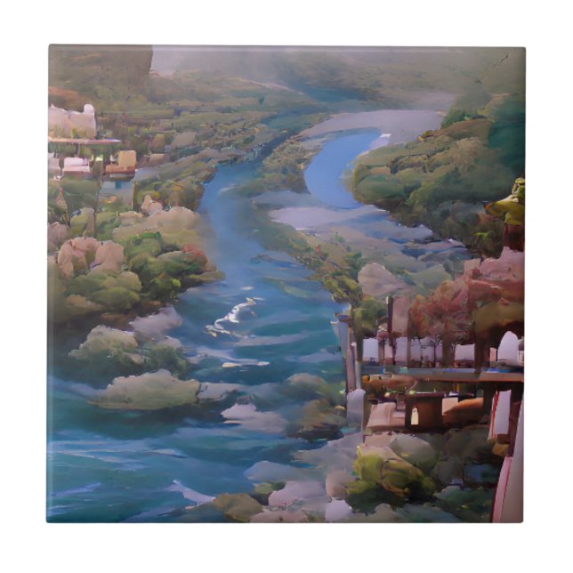 Blue river green trees digital art ceramic tile (Front)