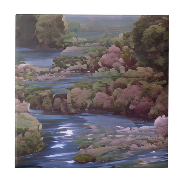 Blue river green trees forests digital art ceramic tile (Front)