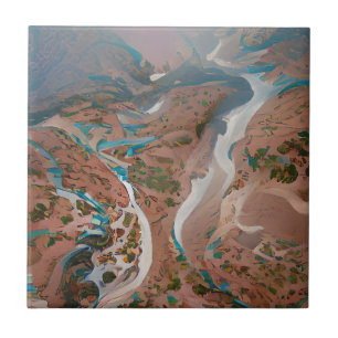 Blue rivers through brown hills digital art ceramic tile