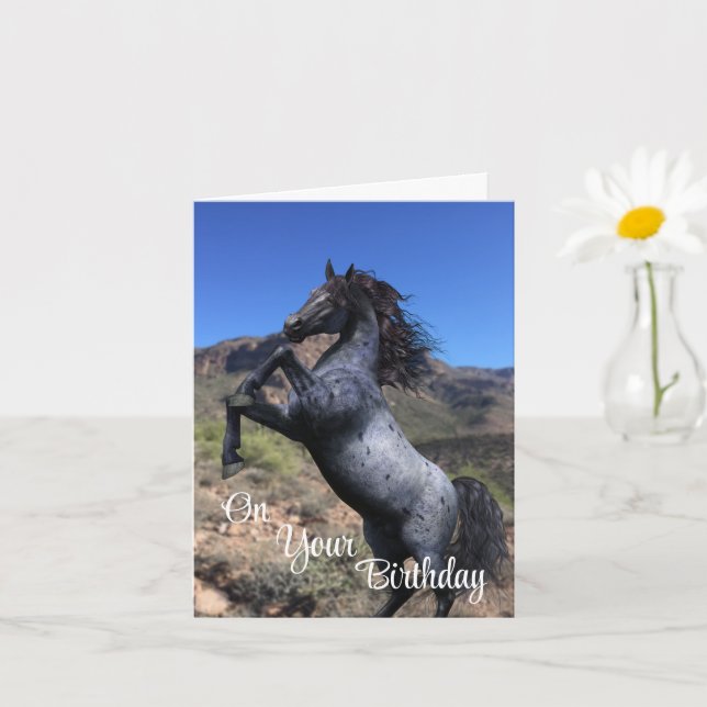 Blue Roan Horse Rearing in a Desert Landscape Card (Small Plant)