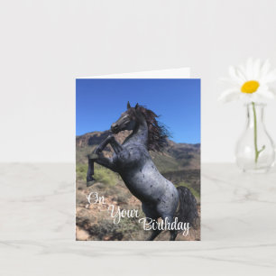 Blue Roan Horse Rearing in a Desert Landscape Card