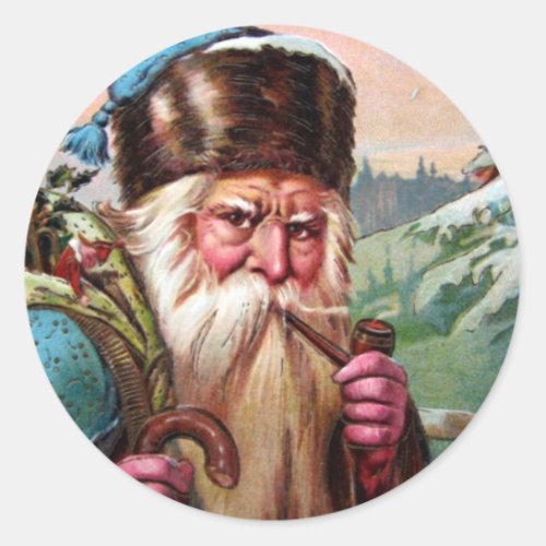 Blue Robe Santa Claus Smoking Pipe _ Christmas Classic Round Sticker