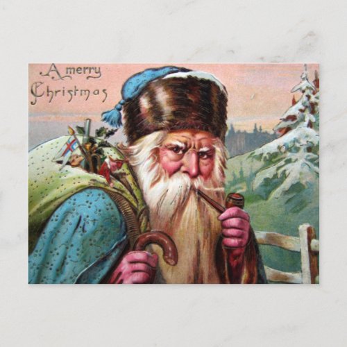 Blue Robe Santa Claus Smoking Pipe _ Christmas Holiday Postcard