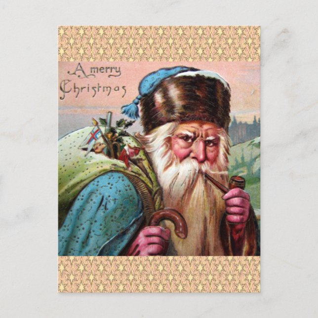 Blue Robe Santa Claus Smoking Pipe - Christmas Holiday Postcard (Front)