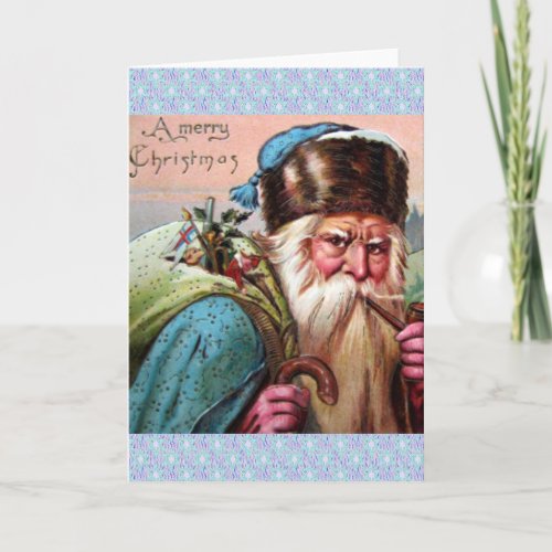 Blue Robe Santa Claus Smoking Pipe Holiday Card