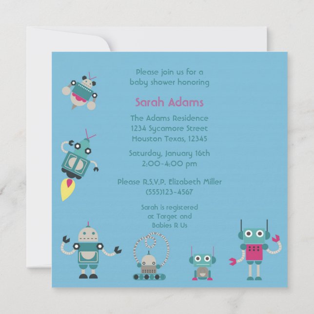 Blue Robot 5x5 Boy Baby Shower Invitation (Back)