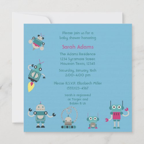 Blue Robot 5x5 Boy Baby Shower Invitation