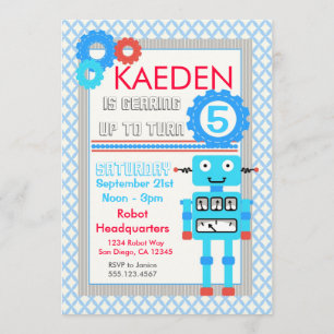 Blue Robot Birthday Invitation Modern Boys