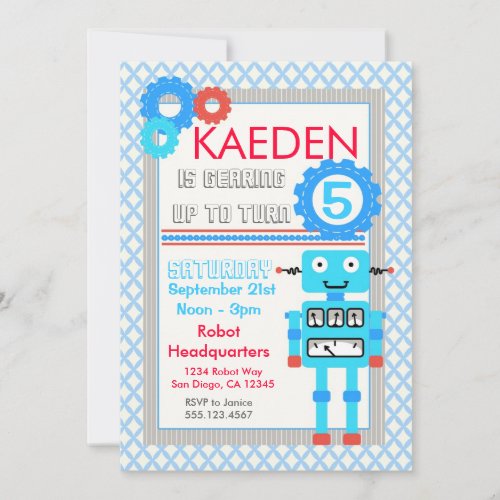 Blue Robot Birthday Invitation Modern Boys