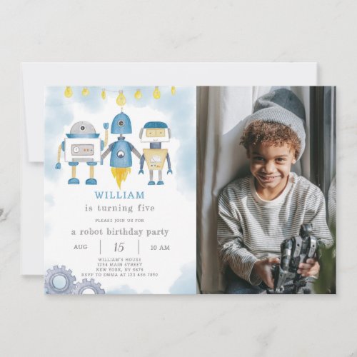 Blue Robot Birthday Invitation With Photo