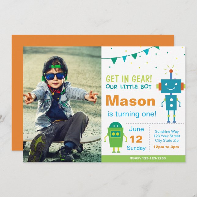 Blue Robot Birthday Party Invitation with photo (Front/Back)