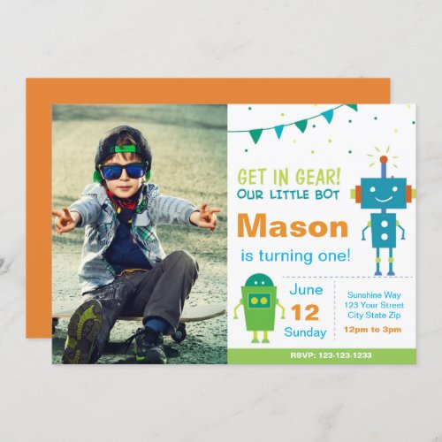 Blue Robot Birthday Party Invitation with photo